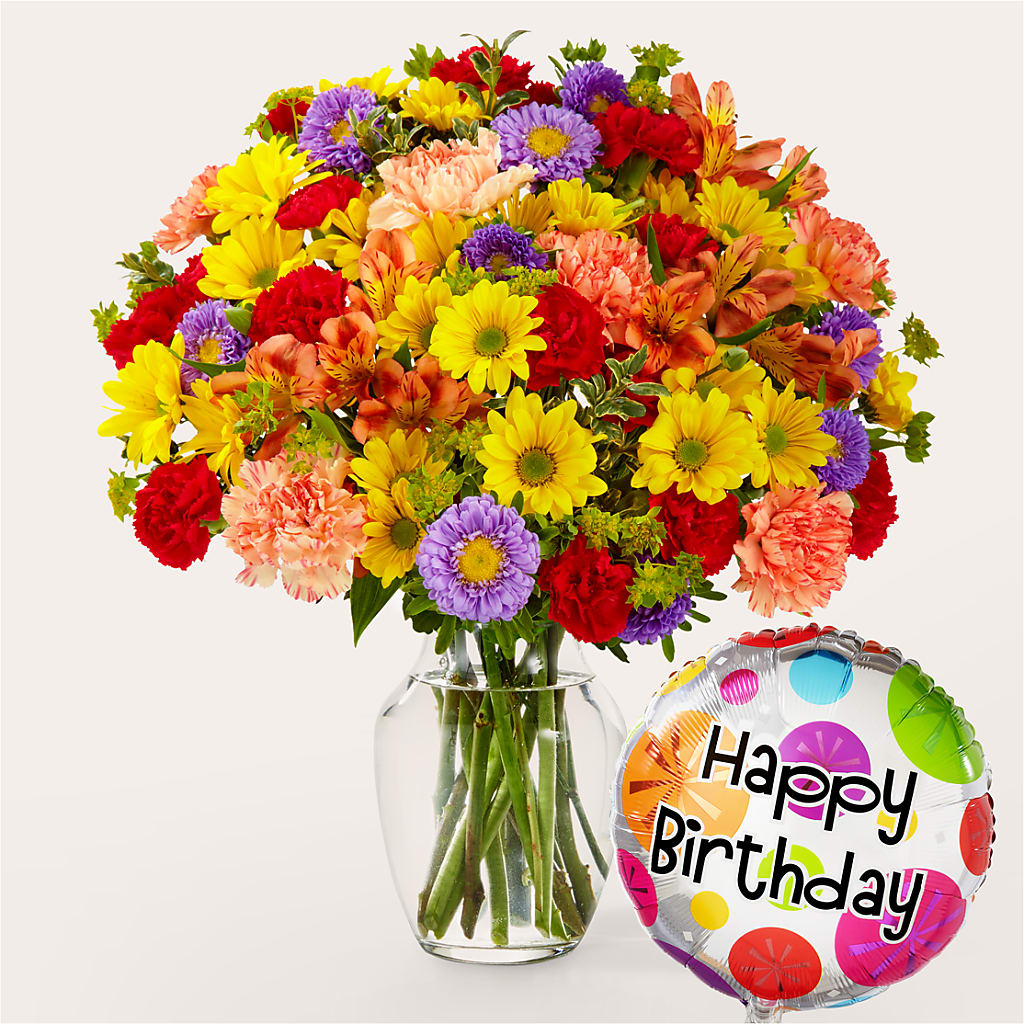 Kaleidoscope Bouquet with Birthday Balloon – Hlm Floral Events, Los Angeles CA