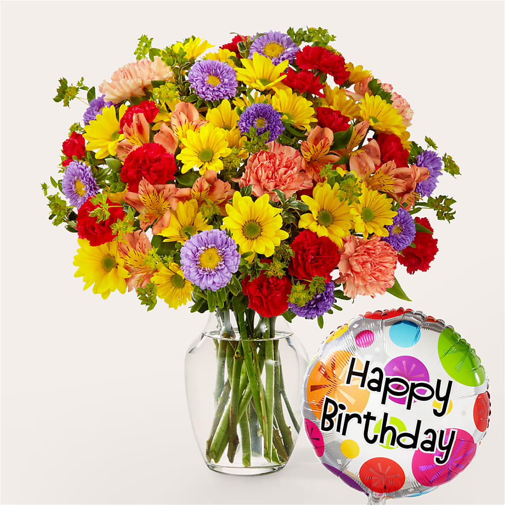Kaleidoscope Bouquet with Birthday Balloon – Hlm Floral Events, Los Angeles CA