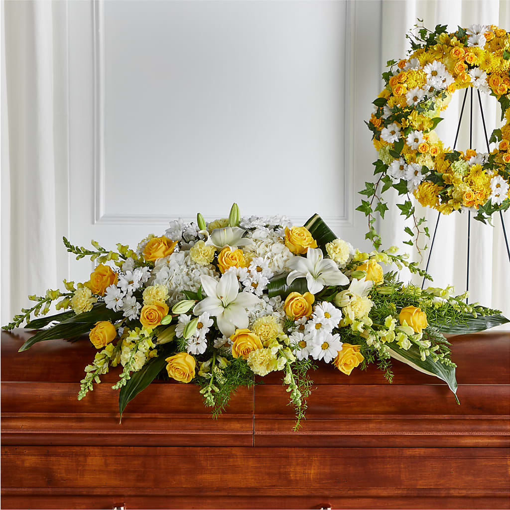 Golden Harmony Casket Spray – Hlm Floral Events, Los Angeles CA