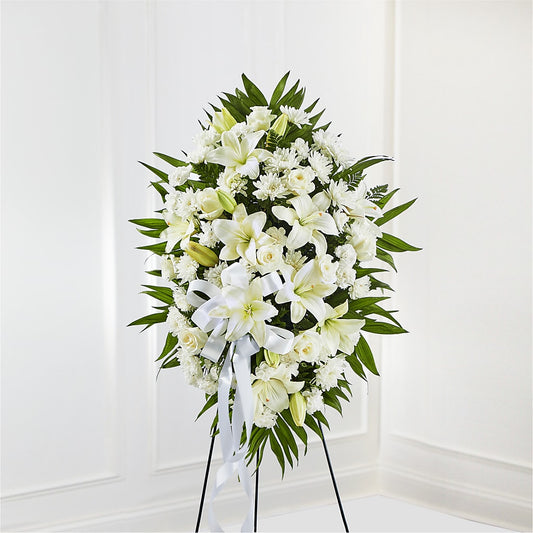 Exquisite Tribute Standing Spray-White Ribbon –  Hlm Floral Events, Los Angeles CA